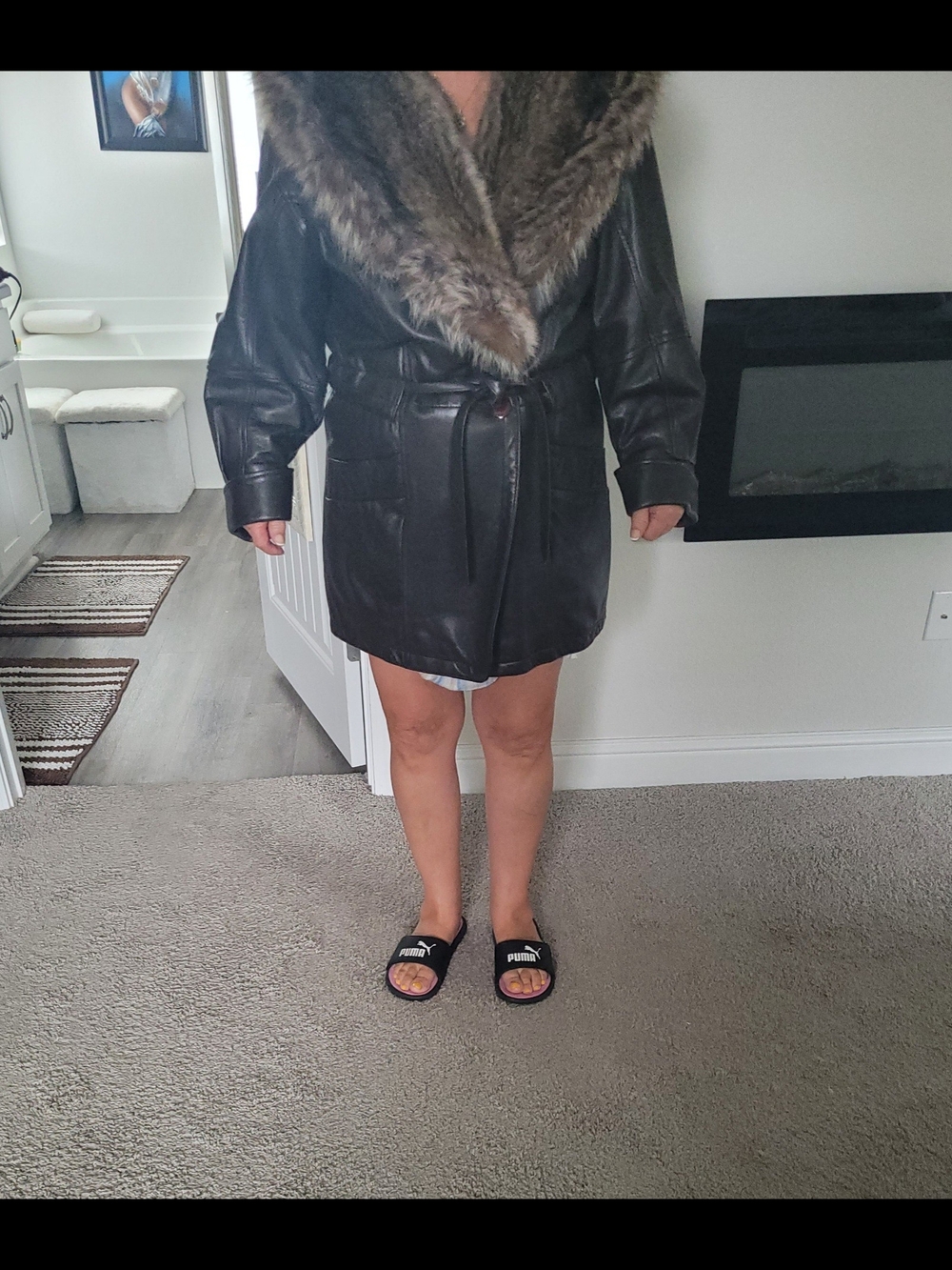 Marvin Richards Black Leather Coat with Faux Fur Shawl Collar